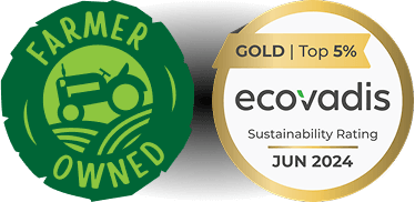 Farmer owned and Ecovadis Gold Top 5% Sustainability Rating June 2024 logos