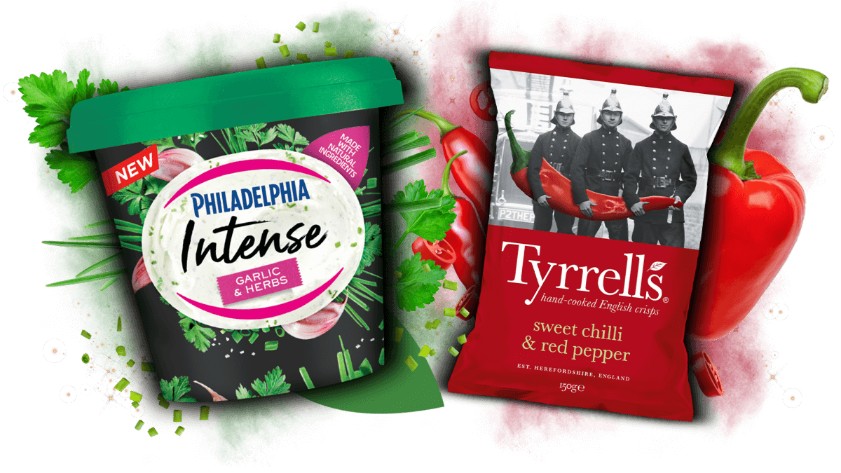 Philadelphia Intense Garlic & Herb and Tyrrell's Sweet Chilli & Red Pepper products