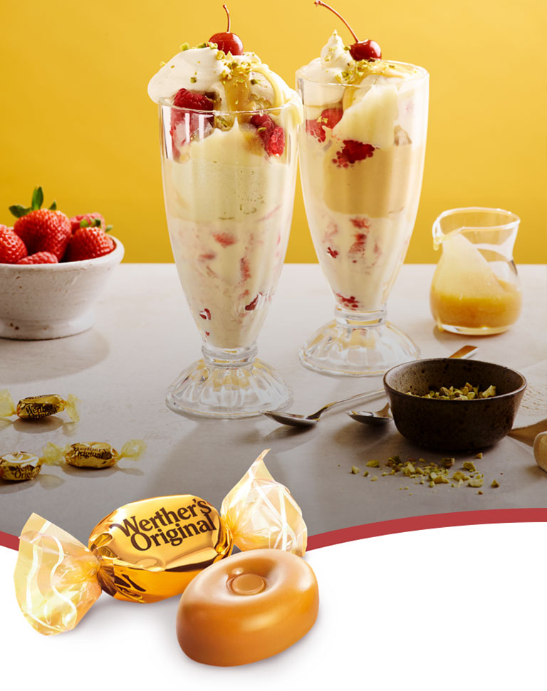 White chocolate, pistachio & caramel ice cream sundae Werther’s Originals